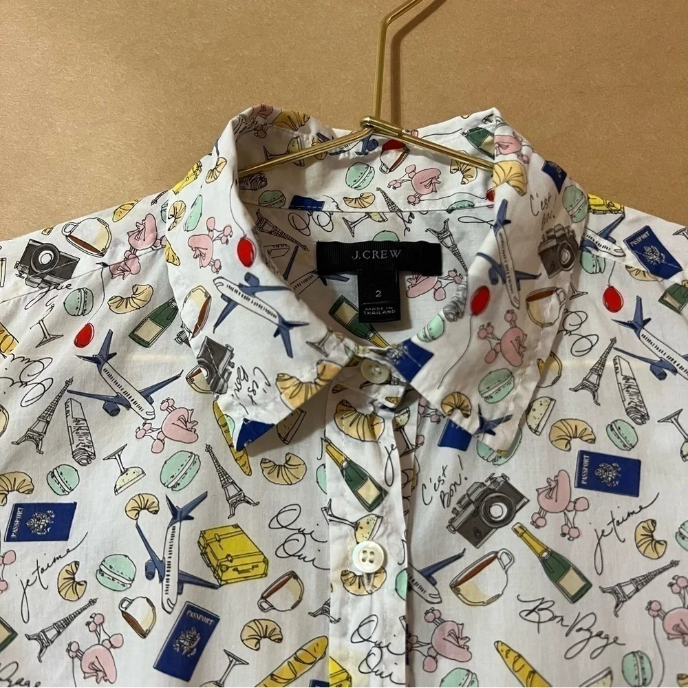 J. Crew | Parisian Novelty Print Popover Top French Paris Travel Shirt Size 2